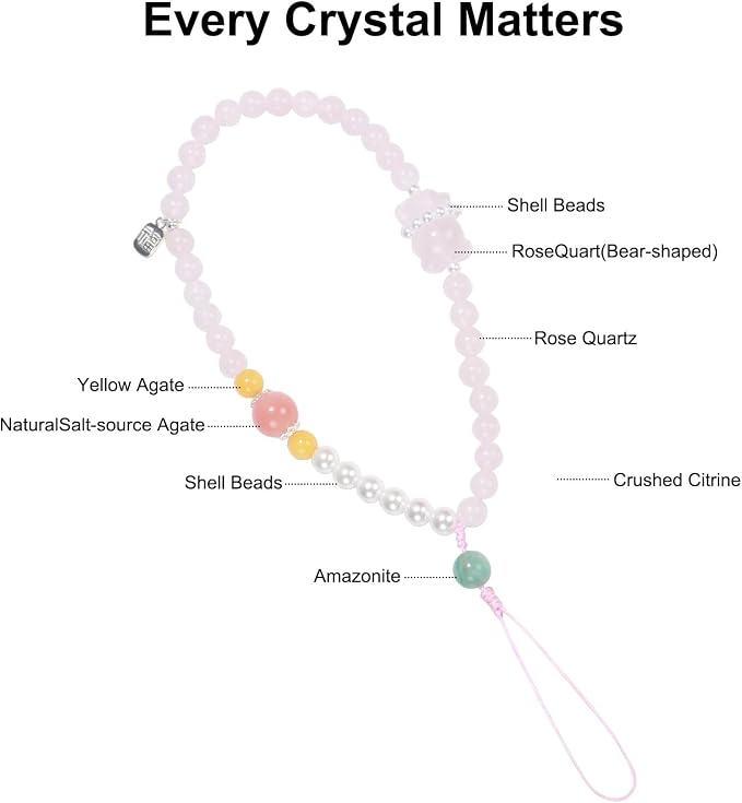 TEAMOLA Natural Stone Phone Charm, Handmade Crystal Cellphone Chain for Universal, Beaded Healing Anti Theft Phone Wrist Strap with Tether Tab, Rose Quartz & Amazonite & Yellow Agate & Shell Beads