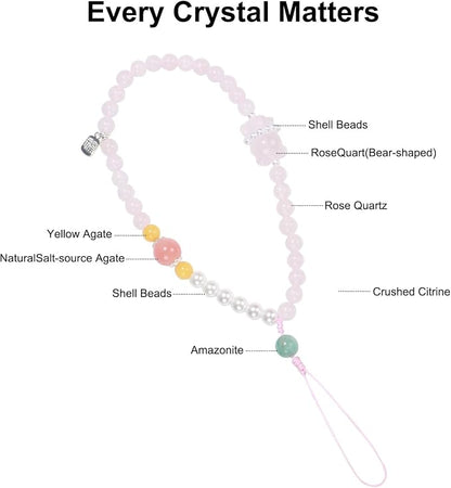 TEAMOLA Natural Stone Phone Charm, Handmade Crystal Cellphone Chain for Universal, Beaded Healing Anti Theft Phone Wrist Strap with Tether Tab, Rose Quartz & Amazonite & Yellow Agate & Shell Beads