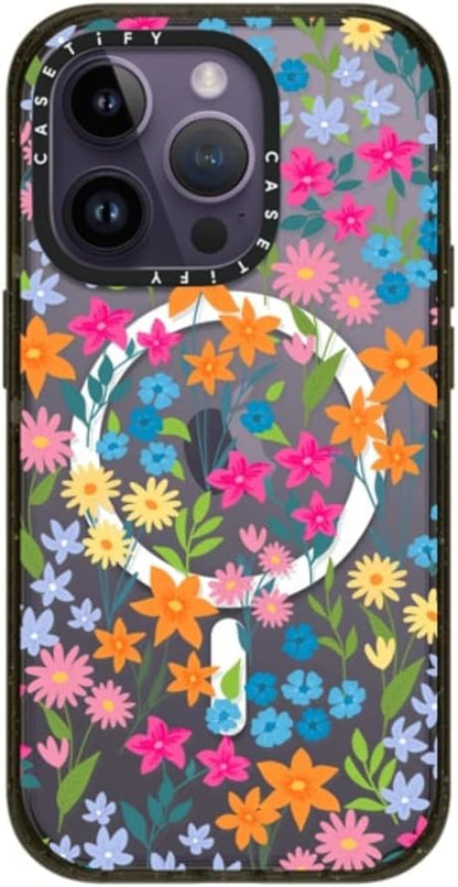 CASETiFY Impact iPhone 14 Pro Case [4X Military Grade Drop Tested / 8.2ft Drop Protection/Compatible with Magsafe] - Bright Spring Flowers - Daisy Floral Pattern - Glossy Black