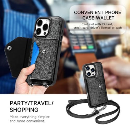 LUCKYCOIN for iPhone 16 Pro Crossbody Wallet Case – Genuine Leather Phone Purse with Adjustable Strap and Card Holder,Lanyard Phone Purse Case for Women,Pebble Grain Black