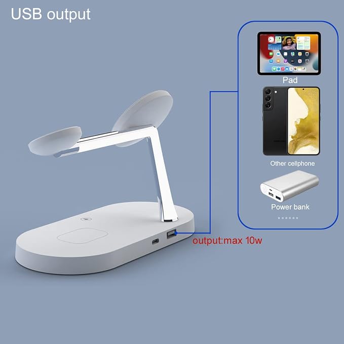 5 in 1 Magnetic Wireless Charging Stand, 15W Fast Mag-Safe Charging Station ，with Neutral Light Design for iPhone 17/16/15/14/13/12 Series, iWatch 7/SE/6/5/4/3/2, Airpods 3/2/Pro (White)