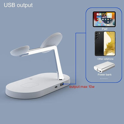5 in 1 Magnetic Wireless Charging Stand, 15W Fast Mag-Safe Charging Station ，with Neutral Light Design for iPhone 17/16/15/14/13/12 Series, iWatch 7/SE/6/5/4/3/2, Airpods 3/2/Pro (White)