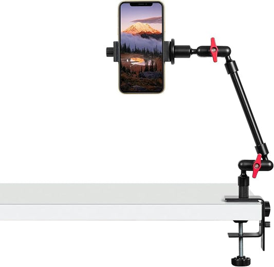 Magic Arm with Clamp, Long Articulating Arm Camera Mount, Adjustable Phone Mount Holder 360° Rotation, Mic Arm for Microphone, LED Lights, for Phone, Tripod, Desk, Table