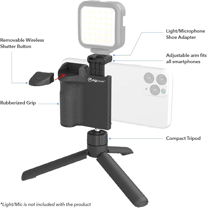 DigiPower Pocket Grip Stabilizer with Wireless Shutter Remote & Table-Top Mini Tripod for Mobile Phone, Works with iPhones & Android Smartphones for Filming YouTube, TikTok, & Instagram Videos,