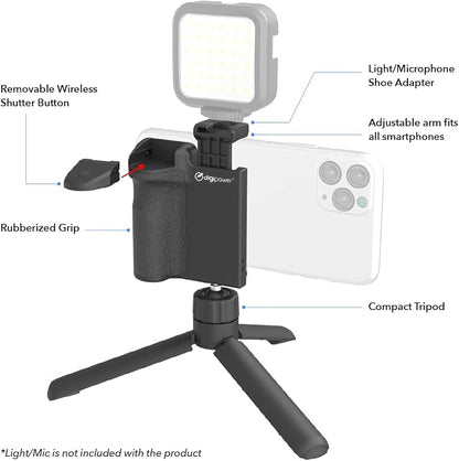 DigiPower Pocket Grip Stabilizer with Wireless Shutter Remote & Table-Top Mini Tripod for Mobile Phone, Works with iPhones & Android Smartphones for Filming YouTube, TikTok, & Instagram Videos,