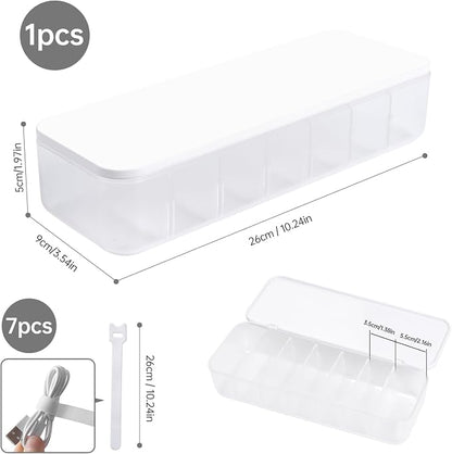 PAVSTINE Cable Organizer Storage Box with 7 Wire Ties,Desktop Cable Management Box with Lid,Power Cord Organizer with 7 Compartments for Office,Home,Desk Accessories Storage Stationery Supplies White