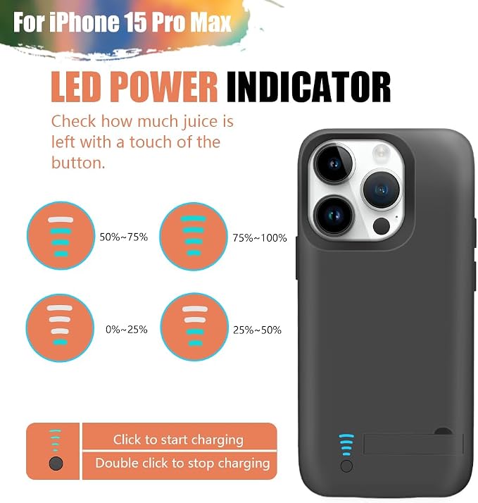 Battery Case for iPhone 15 Pro Max, 6000mAh Rechargeable Extended Battery Charging/Charger Case, Add 100% Extra Juice (6.7 inch) Black