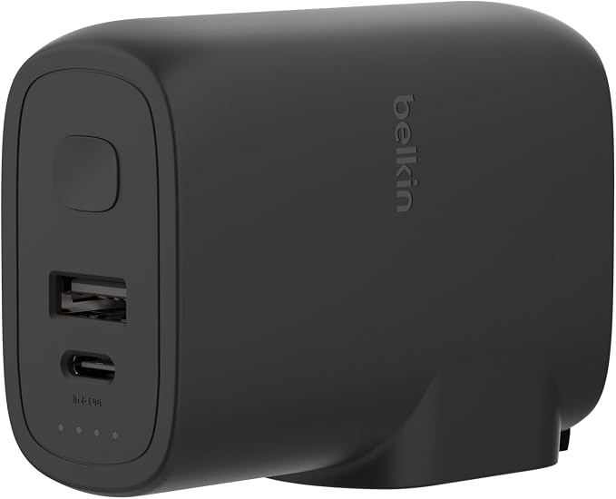 Belkin Portable Charger, Hybrid Power Bank 5K + Wall Charger 25W w/Travel Adapter Kit, Portable w/Interchangeable Regional Power Plugs, USB-C & USB-A Ports + 3ft Type-C Cable to Type-C Cable - Black