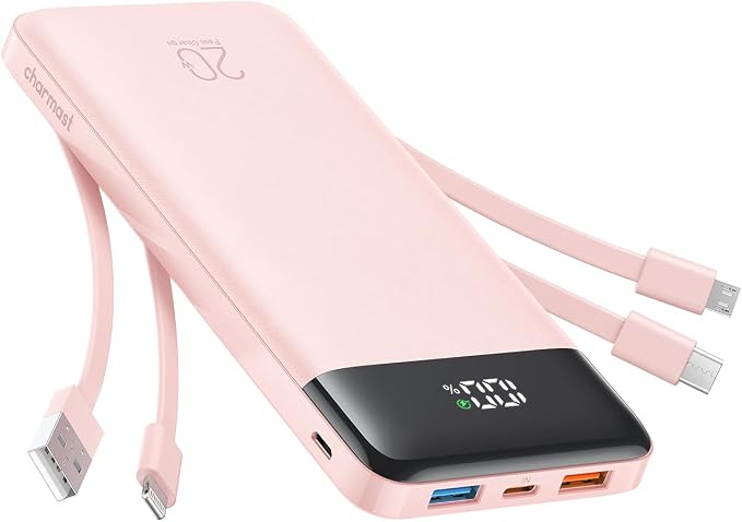 charmast 20000mAh Portable Charger with Built in Cables, 22.5W Travel Power Bank Fast Charging, USB C Cell Phone Battery Pack for iPhone 16/15/14/13/12/11 Series, iPad, Samsung, Android, Tablet