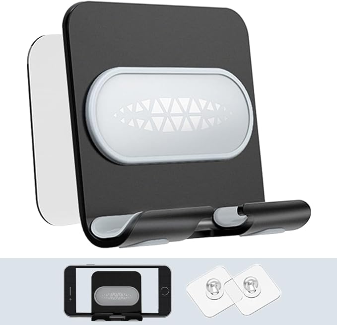 Shower Phone Holder with 2PCS Adhesive Stickers,Aluminum Alloy Wall Mount Phone Stand for Bathroom,Kitchen,Office and More,Compatible with Smartphone(Black-Gray) e(Black-Gray)