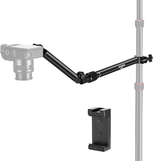 NEEWER Overhead Camera Mount Arm with Phone Clip, 22"/56cm 180°&360° 2 Section Flexible Holding Arm for Desk Stand, Fits 0.87"-1.1" Tube, 5.5lb/2.5kg Max Load for Camera LED Ring Light Mic, DS009
