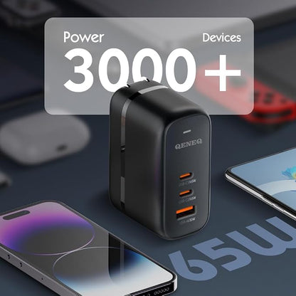 GaN 65W USB C Charger 3 Port Fast Charging Block Travel Charger Wall Charger Universal Travel Adapter EU UK Plug Adapter for MacBook iPad Pro/Air iPhone 15 16 Samsung S24 Laptop Steam Deck