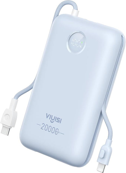 VIYISI Portable Charger 20000mAh 30W Fast Charging with 2 Cables | Power Bank with Built-in USB C & Lighting Cables, Compact Battery Pack Compatible with iPhone 17 16 15 Pro Max iPad, iPod