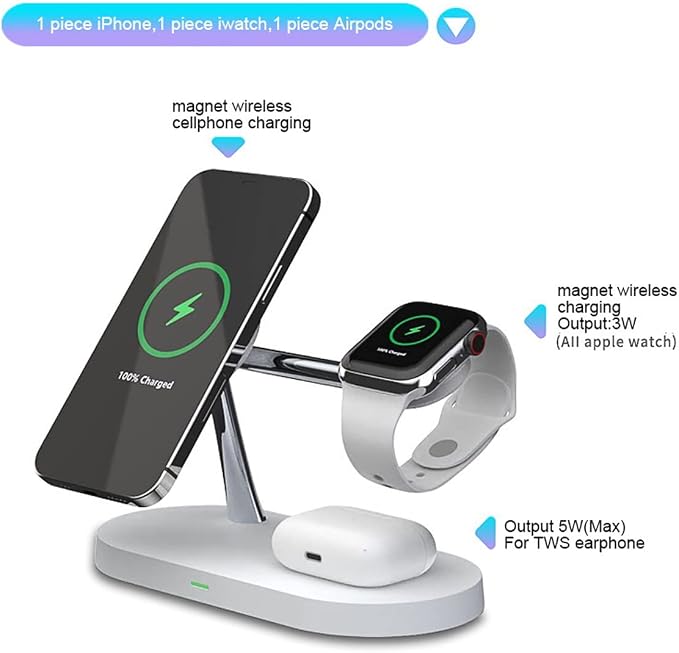 5 in 1 Magnetic Wireless Charging Stand, 15W Fast Mag-Safe Charging Station ，with Neutral Light Design for iPhone 17/16/15/14/13/12 Series, iWatch 7/SE/6/5/4/3/2, Airpods 3/2/Pro (White)
