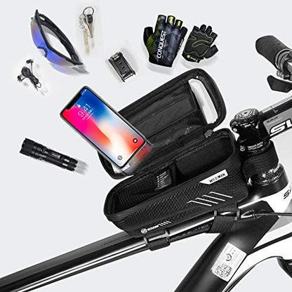 Bike Frame Bag, Bike Phone Mount, Waterproof Cycling Front Top Tube Pouch Pannier Bicycle Frame Phone Holder Crossbar Storage Bags for iPhone 13 12 11 Pro MAX XS XR X 8 7 Plus Smartphones Below 6.5''