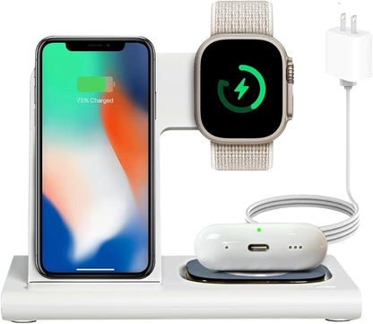 Spracht Flex Charge 3-3 in 1 Charging Station, Portable Charging Station for Smartphones, Smart Watches, Earbuds – 25W Fast Wireless Charger Stand Night Light – Foldable Travel Charger 3 in 1 (White)