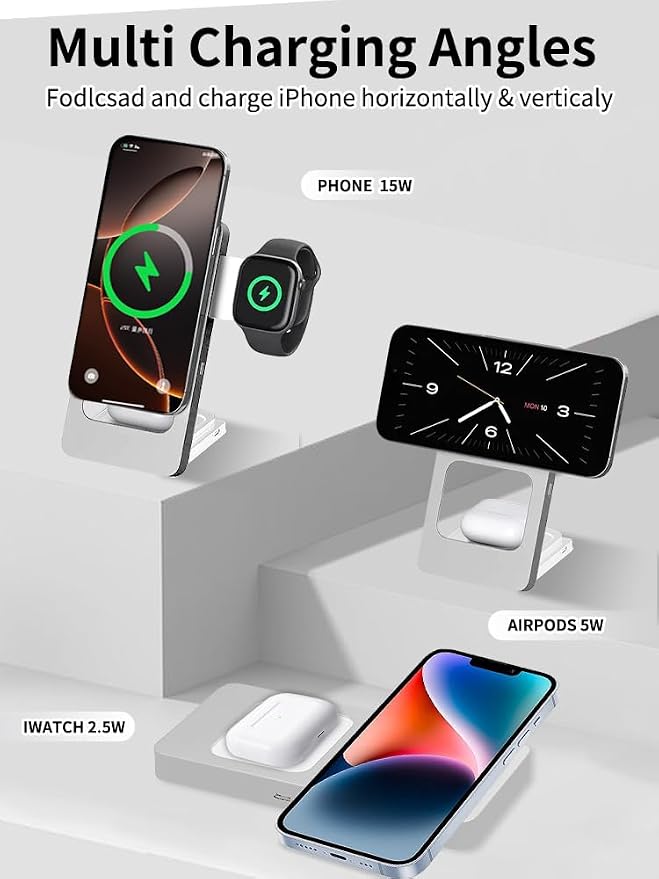 3 in 1 Wireless Charging Station for iPhone 17 16 15 14 13 12, Apple Watch 10 9 8 7 6 5 4 3 2 SE Ultra, AirPods 4 3 2 Pro, 15W Fast Charger Stand (Silver)