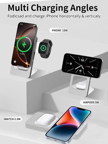 3 in 1 Wireless Charging Station for iPhone 17 16 15 14 13 12, Apple Watch 10 9 8 7 6 5 4 3 2 SE Ultra, AirPods 4 3 2 Pro, 15W Fast Charger Stand (Silver)