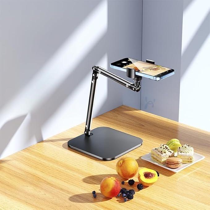 Adjustable Overhead Phone Stand for Desk, Black Metal Articulating Arm Mount, Desktop Video Recording Tripod, Live Streaming Photography Holder