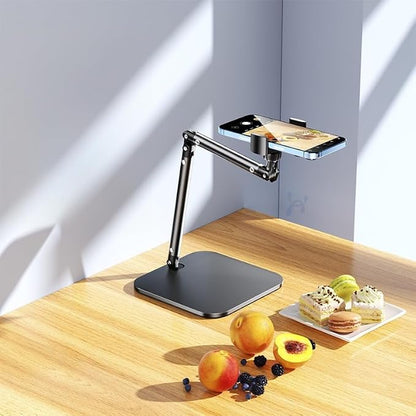 Adjustable Overhead Phone Stand for Desk, Black Metal Articulating Arm Mount, Desktop Video Recording Tripod, Live Streaming Photography Holder