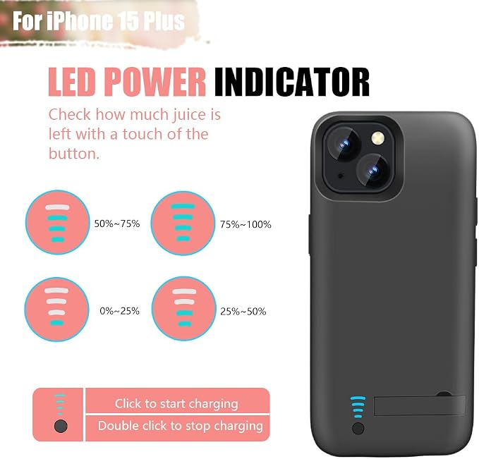 Battery Case for iPhone 15 Plus, 6000mAh Rechargeable Extended Battery Charging Charger Case, Add 100% Extra Juice (6.7 Inches) Black