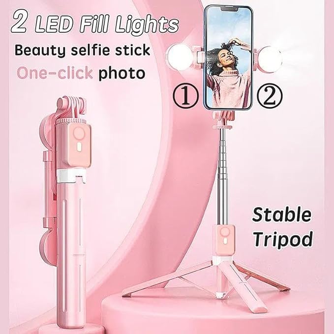 Selfie Stick Tripod with Light and Bluetooth Remote, 67" Extendable Mini Tripod Stand for iPhone Samsung Android, 6 in 1 Wireless Selfie Stick for TikTok YouTube Live Streaming(Pink)
