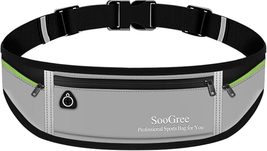 SooGree Slim Running Belt Sport Fanny Pack for Women Men,Reflective Waist Pack Runner Pouch Belt, Zipper Waterproof Running Phone Holder Jogging Pouch for Phone Money (GSP8806 top black/gray)
