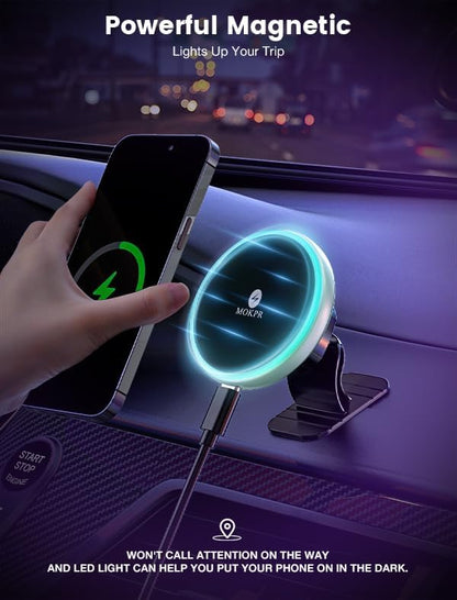 MOKPR for Magsafe Car Mount Charger-15W Wireless Car Charger-Magnetic Car Phone Holder for Dash Air Vent-LED RGB HandsFree Car Mount Fast Car Charger for iPhone 16 15/14/13/12 Series Green