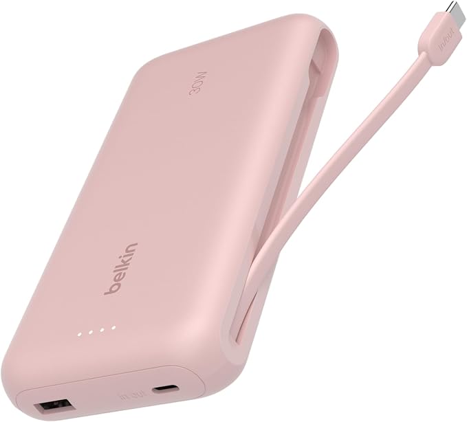 Belkin Power Bank with Integrated Cable, Fast Charging USB-C, 20000 mAh 30W, Portable Charger Power Bank USB C for iPhone 17, Air, Pro, Pro Max, iPad, AirPods, Apple Watch, Galaxy S25, & More - Pink