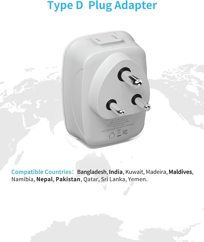2 Pack US to India Plug Adapter, VINTAR Type D Travel Adapter with 1 USB C, 3 USB Ports and 2 American Outlets, 6 in 1 India Power Adapter for USA to India, Bangladesh, Maldives, Pakistan, Nepal
