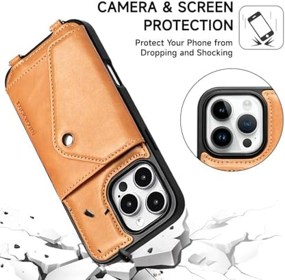LUCKYCOIN for iPhone 16 Pro Max Crossbody Wallet Case – Genuine Leather Phone Purse with Adjustable Strap and Card Holder,Lanyard Phone Purse Case for Women,Vintage Tan