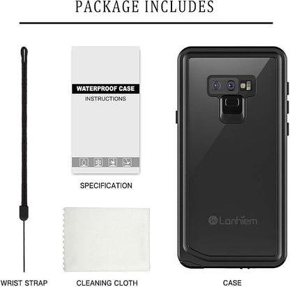 Lanhiem Galaxy Note 9 Phone Case, IP68 Waterproof Dustproof Shockproof Case with Built-in Screen Protector, Full Body Sealed Underwater Protective Clear Cover for Samsung Galaxy Note 9 (Black/Gray)