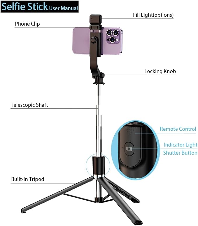 Tianle Selfie Stick with Fill Light, 51 Inch Phone Tripod Extendable Cell Phone Tripod Stand with Wireless Remote and Phone Holder Compatible with iPhone Android for Selfie, Video Recording, Photo