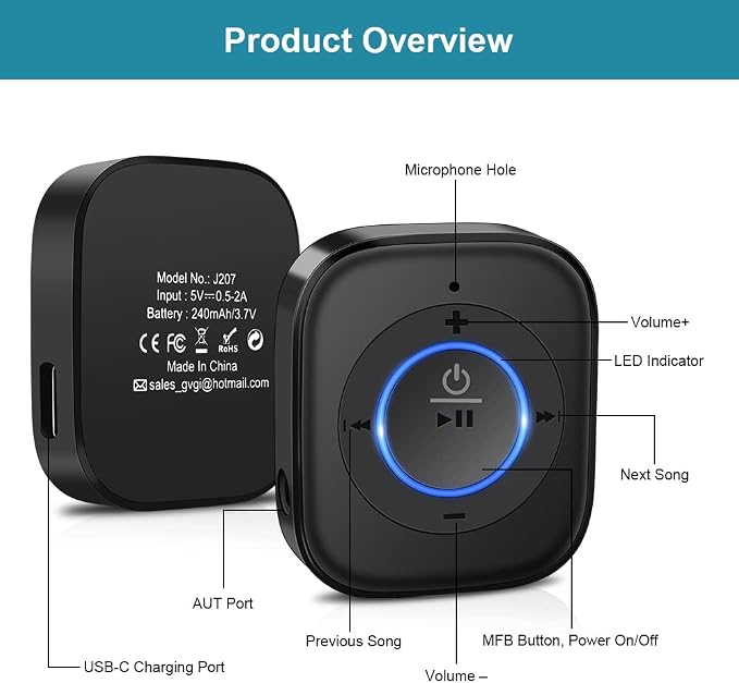 Golvery Bluetooth Receiver for Old Speaker with Latest Bluetooth V5.4, 20-Hour Battery Life, Handsfree Calls, Dual Connection to 2 Cell Phones, Built-in Microphone, for Wired Headphones, Home Stereo