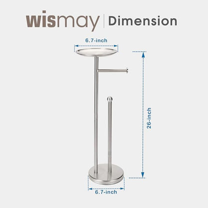 Toilet Paper Holder Stand with Phone Shelf, Holds 5 Rolls, Free Standing TP Roll Holder for Bathroom, Practical Shelf on Top for Phone, Wet Wipes, Potted Plant (Brushed Nickel)
