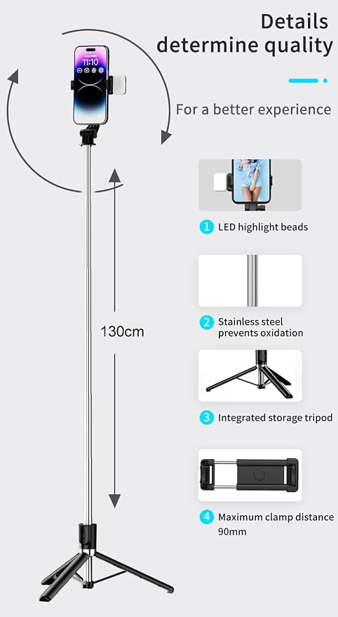 Tianle Selfie Stick with Fill Light, 51 Inch Phone Tripod Extendable Cell Phone Tripod Stand with Wireless Remote and Phone Holder Compatible with iPhone Android for Selfie, Video Recording, Photo