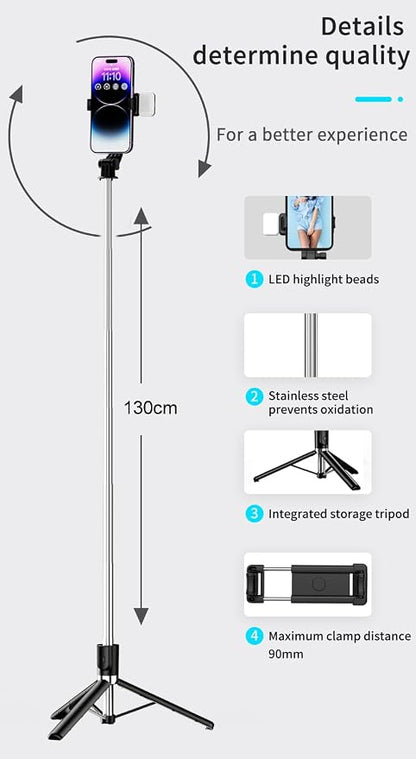 Tianle Selfie Stick with Fill Light, 51 Inch Phone Tripod Extendable Cell Phone Tripod Stand with Wireless Remote and Phone Holder Compatible with iPhone Android for Selfie, Video Recording, Photo