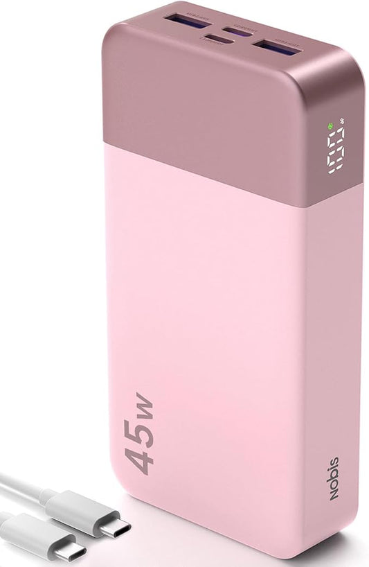 NOBIS Portable Charger,20000mAh Power Bank, 45W Fast Charging | Battery Pack with 2 USB-C (in/out) & 2 USB-A, Digital Display & Small Current Mode, Compatible with Phone 17 S25 Tablet
