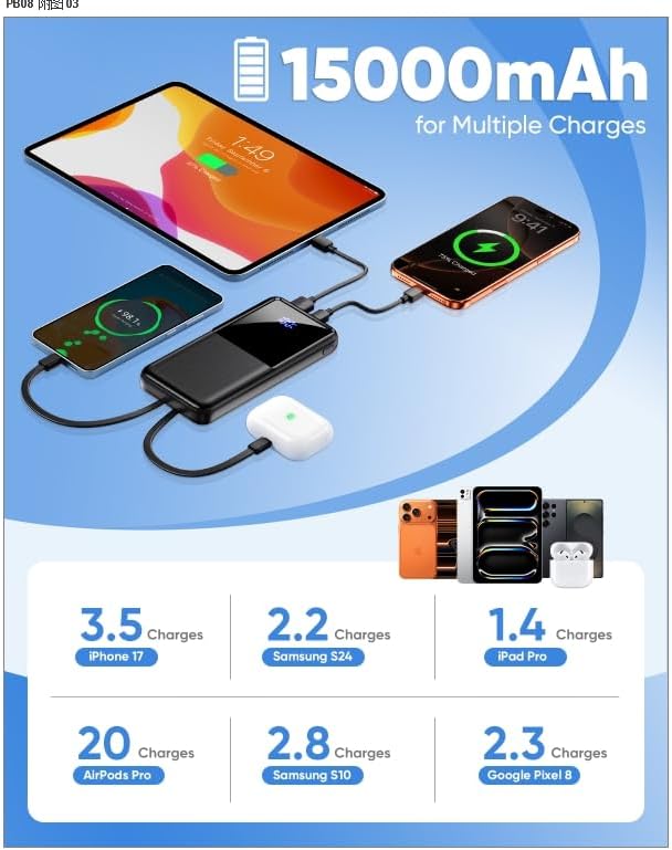 Portable Charger Power Bank - Slim 15000mAh 50% Larger Capacity Battery Pack, USB C 22.5W Fast Charging Powerbank with Built-in Cable, Travel Essential Phone Charger for iPhone Samsung Google Android