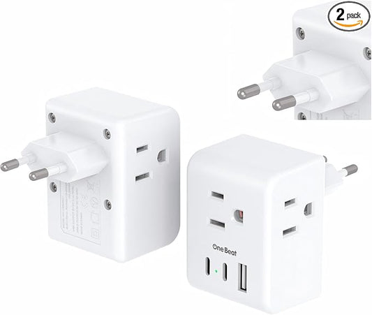 One Beat 2 Pack European Travel Plug Adapter, Type C International Power Adapter with 3 Outlets and 3 USB Ports (2 USB-C), Travel Essentials for USA to Europe, Spain, Italy, France, Germany, EU
