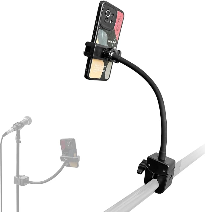 Clip Phone Holder for Desk,Pole,Pipe,Boom,Flat Surface with Adjustable Aluminium Arm Phone Clamp Mount for Mic Stand,Treadmill Compatible with All 4-7” Cell Phone (Long-Gooseneck Arm Phone Holder)