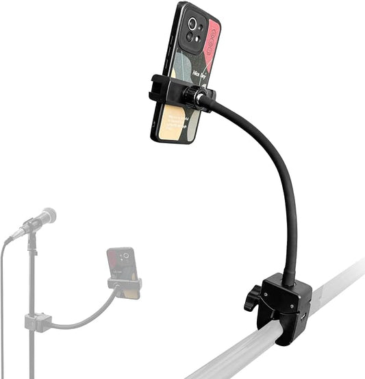 Clip Phone Holder for Desk,Pole,Pipe,Boom,Flat Surface with Adjustable Aluminium Arm Phone Clamp Mount for Mic Stand,Treadmill Compatible with All 4-7” Cell Phone (Long-Gooseneck Arm Phone Holder)