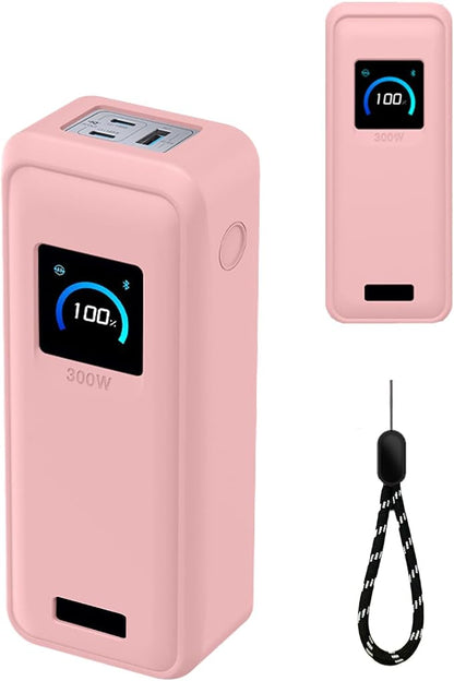 Silicone Protective Case Compatible with Anker Prime Power Bank 26,250mAh 300W, Shockproof Cover with LCD Display Visible, Anti-Lost Strap, Precision Cutouts for 3-Port Charger(Pink)