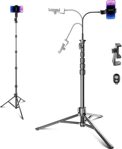 CAMBOFOTO 82" Phone Tripod Stand with Gooseneck, Remote and Phone Holder, Selfie Stick & Overhead Tripod for Recording/Cooking/Fitness/Vlog, Compatible with iPhone Android Samsung, Camera