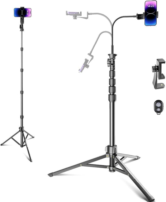 CAMBOFOTO 82" Phone Tripod Stand with Gooseneck, Remote and Phone Holder, Selfie Stick & Overhead Tripod for Recording/Cooking/Fitness/Vlog, Compatible with iPhone Android Samsung, Camera