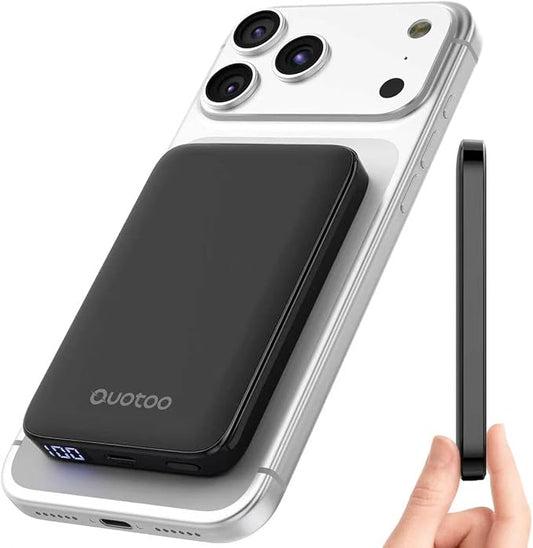 Ouotoo Ultra-Thin Magnetic Power Bank 5000mAh, 15W Qi Fast Wireless Charging Portable Battery Pack, 20W USB-C PD Magsafe Compatible for iPhone 17 16 15 14 13 12, LED Display/Portable/Travel/Pocket