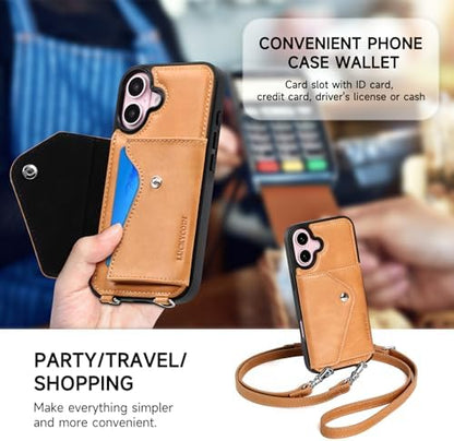 LUCKYCOIN for iPhone 16 Crossbody Wallet Case – Genuine Leather Phone Purse with Adjustable Strap and Card Holder,Lanyard Phone Purse Case for Women,Vintage Tan