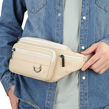 Leather Fanny Pack Waist Bag for Men Women Outdoor Travel Hiking Camping Walking Running Hip Bum Belt Slim Cell Phone Purse Wallet Pouch (#03Beige)