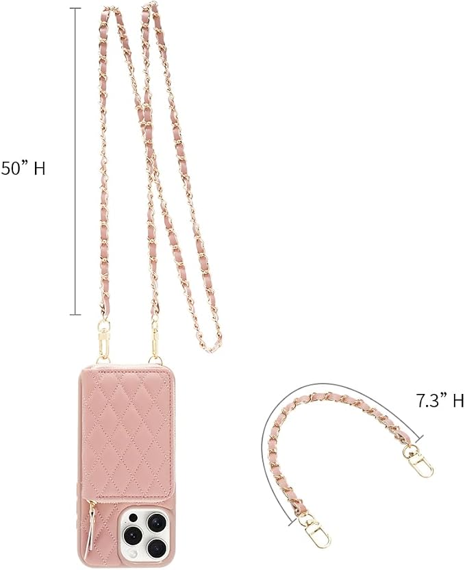 LAMEEKU for iPhone 15 Pro Max Case Wallet, Crossbody Wallet Case with Card Holder, Quilted Leather Case with Chain Strap, RFID Protectionn Cover for Women for iPhone 15 Pro Max 6.7" Pink