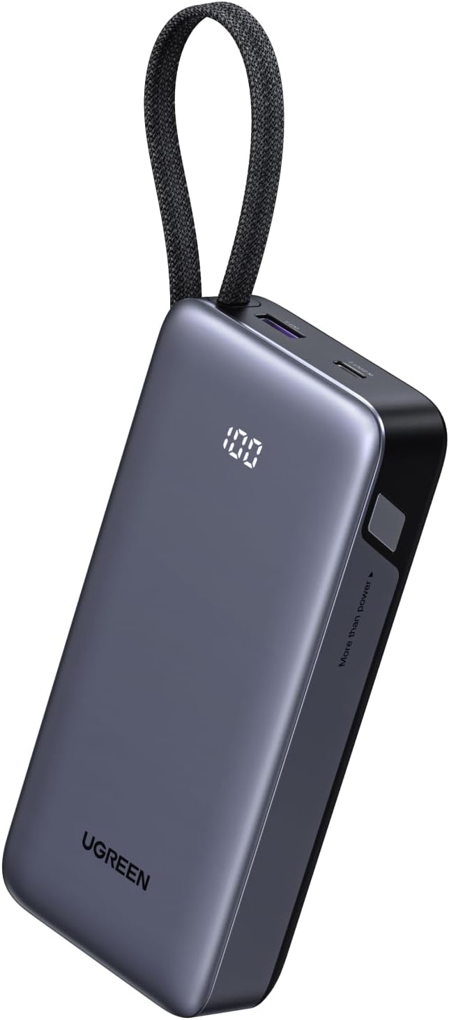 UGREEN Nexode Power Bank 20000mAh 45W with Built-in Cable, Fast Charging Portable Charger for iPhone 17 Pro/Samsung S26 Ultra/iPad Pro, 3-Port External Battery Pack with Digital Display, Travel Ready